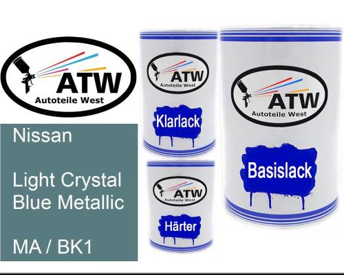 Nissan, Light Crystal Blue Metallic, MA / BK1: 500ml Lackdose + 500ml Klarlack + 250ml Härter - Set, von ATW Autoteile West.